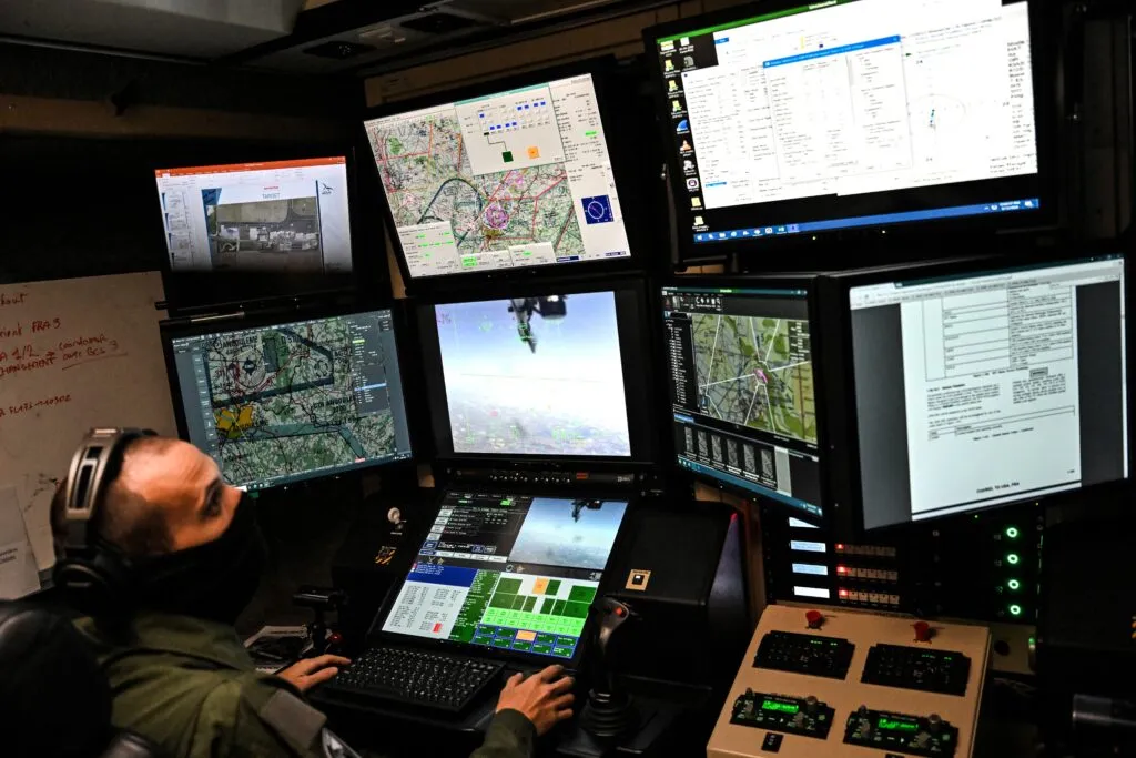 Pilot remotely steers a military drone at Cognac air base