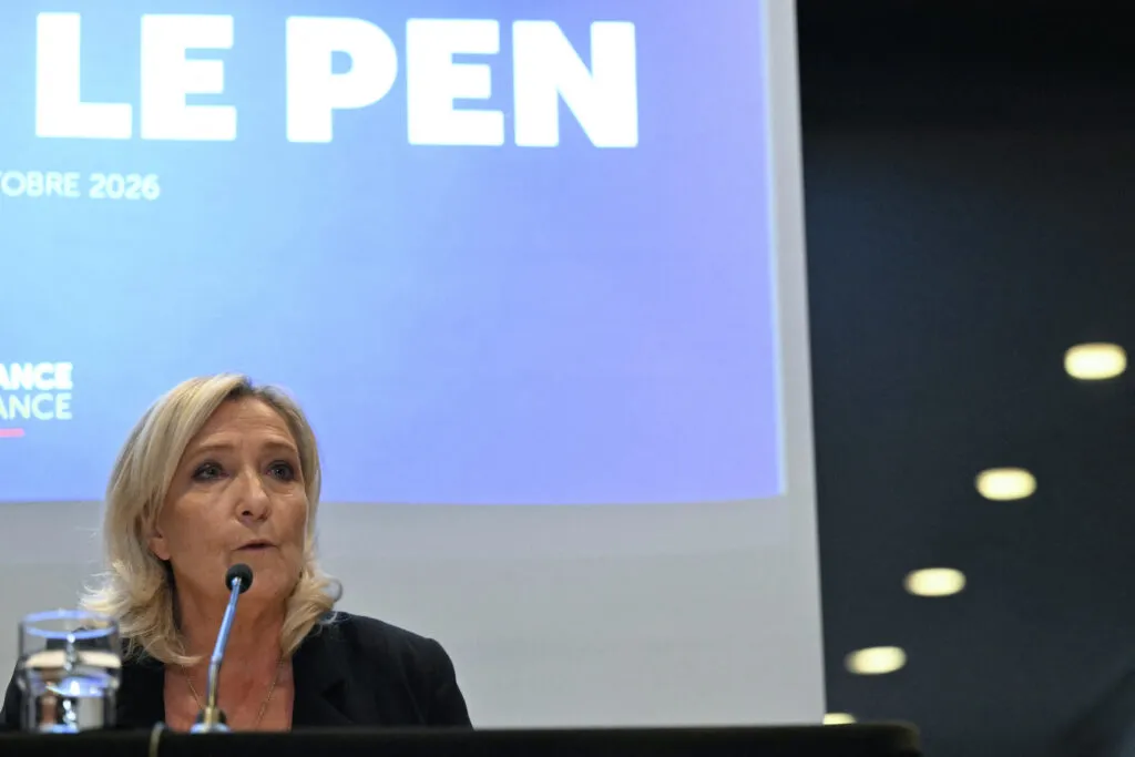 Marine Le Pen at a press conference on the eve of an EU summit