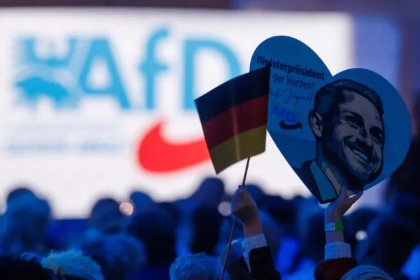 Protesters and party banners