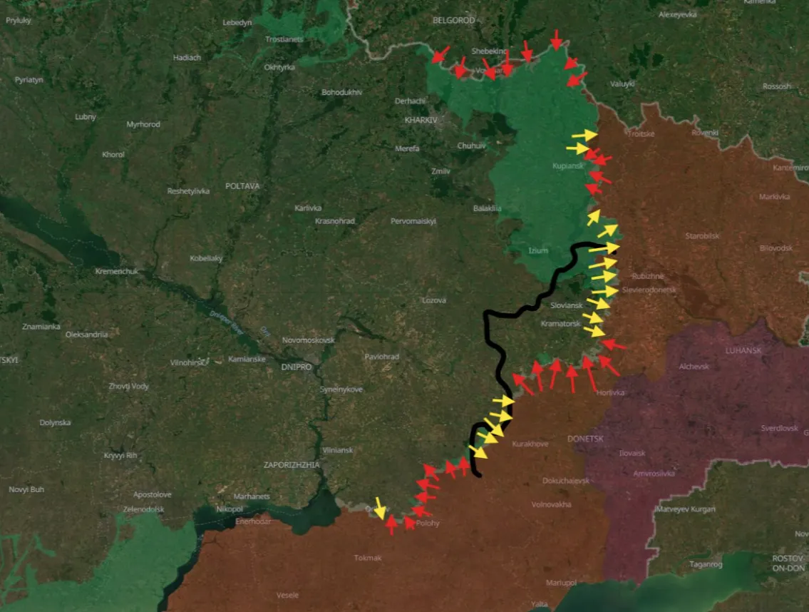 Map indicating areas of reported advance for both sides