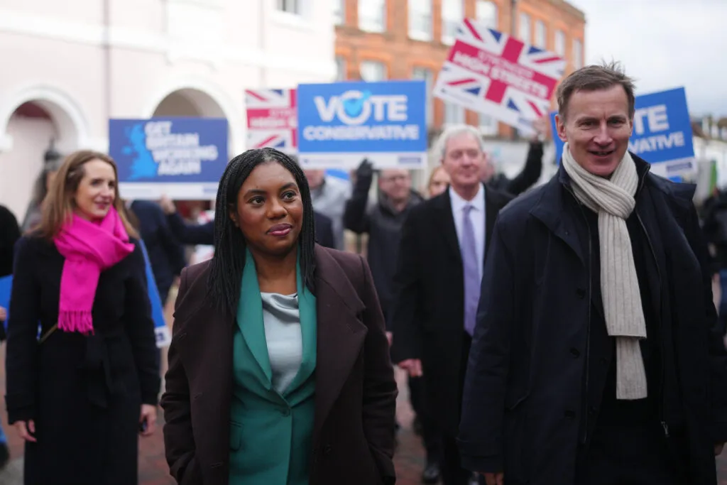 Conservative Party Leader Kemi Badenoch and former Chancellor Jeremy Hunt in Godalming, England, on Feb. 9, 2026.